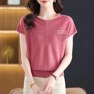 Cổ Tròn Vai Trước Tay Ngắn Người Nhỏ 2025 Phong Cách Mới Mùa Hè Mỏng Ngắn Eo Eo Top Nữ Cao Cấp Bộ Áo Thun