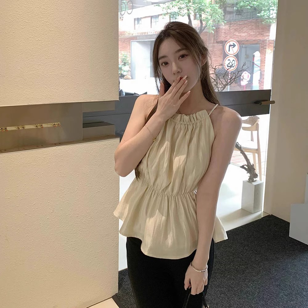 Áo 2 dây croptop Áo yếm dáng rộng cổ xù không tay mùa hè phù hợp cho hẹn hò du lịch hàng ngày