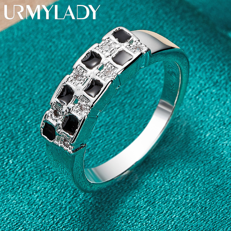 URMYLADY Bạc 925 Đen Trắng Lưới Zircon 7-10 # Nhẫn Nữ Trang Sức Quyến Rũ Thời Trang