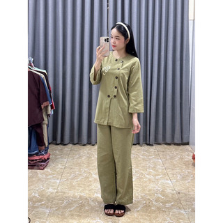 Set Cổ Trụ Tròn Thêu Tâm, Pháp Phục Nữ Đi Chùa