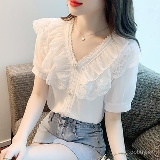 Áo sơ mi voan trắng mới mùa hè, cổ chữ V, tay ngắn phồng, ren xù thời thượng