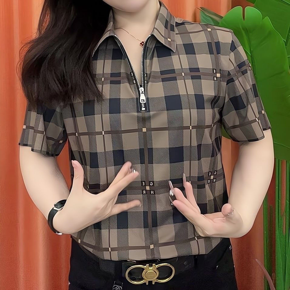 Áo polo mùa hè nữ tay ngắn in hình ca rô