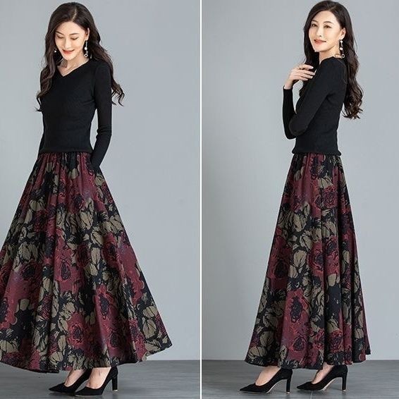 Giải phóng mặt bằng mùa có túi Váy len dân tộc cạp cao Váy dài hoa cổ điển Plus Size Váy 25.1.2