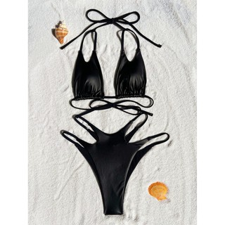 Đồ Bơi Nữ Màu Đen Sáng Dây Rỗng Ra Băng Hai Mảnh Bikini Đồ Bơi