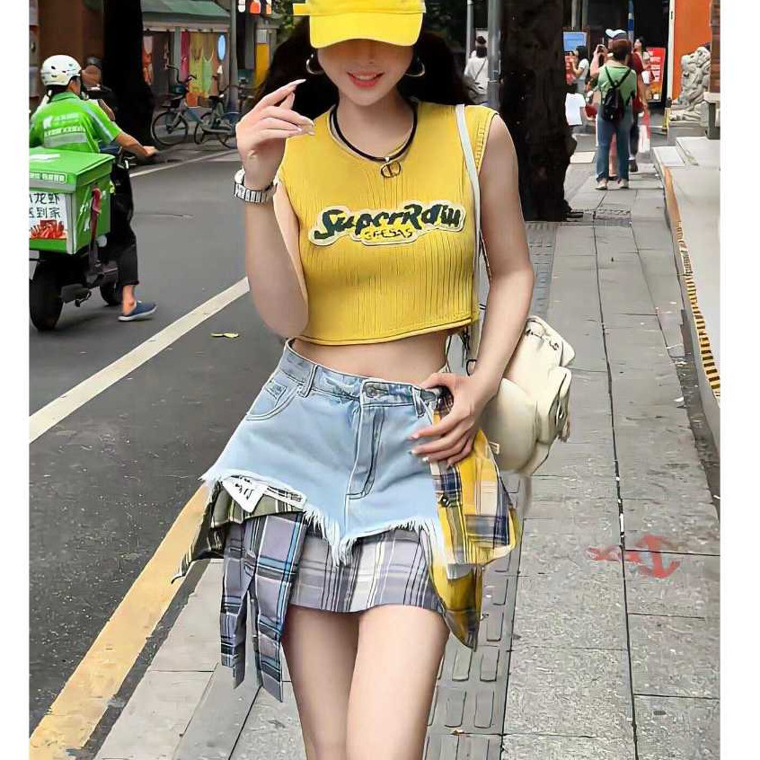 Oksmartlove Thời Trang Phong Cách Mỹ Thiết Kế Giải Cấu Trúc Độc Đáo Váy Denim Nữ Mùa Hè Phong Cách Mới Kẻ Sọc Không Đều Khâu Váy Eo Cao Hàng Có Sẵn