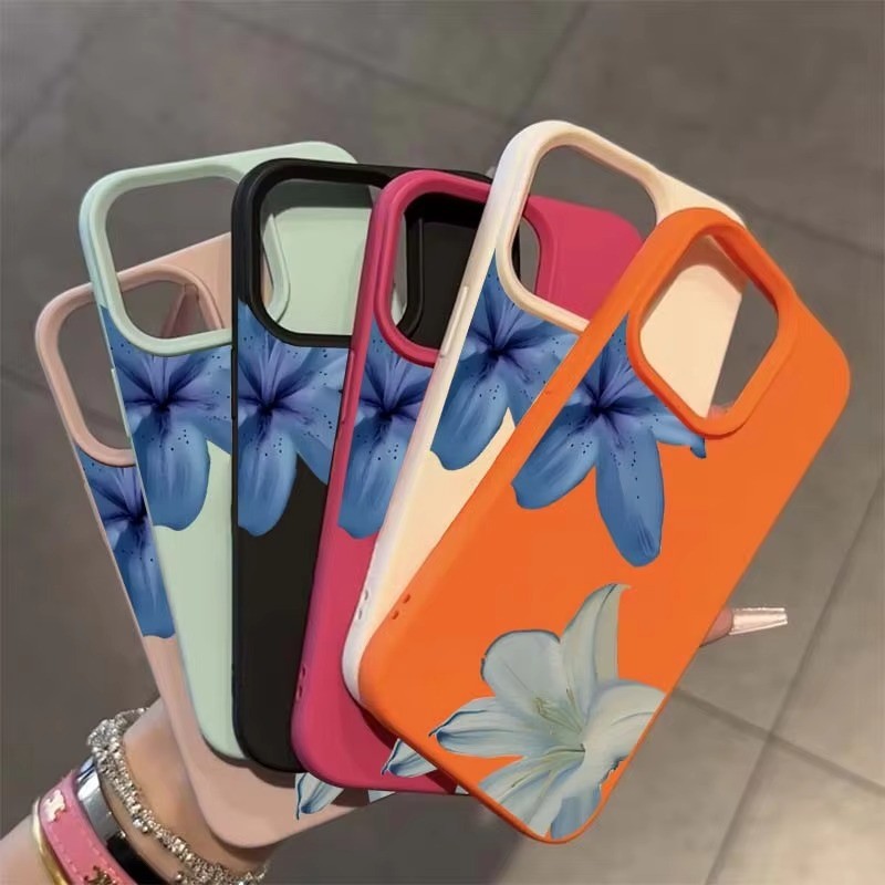 Ốp Điện Thoại Họa Tiết Lily Màu Xanh Thanh Lịch Cho iPhone 16 Pro Max 15 14 13 12 11 XS X XR 16 Plus 16e Ốp Lưng Mềm Chống Sốc