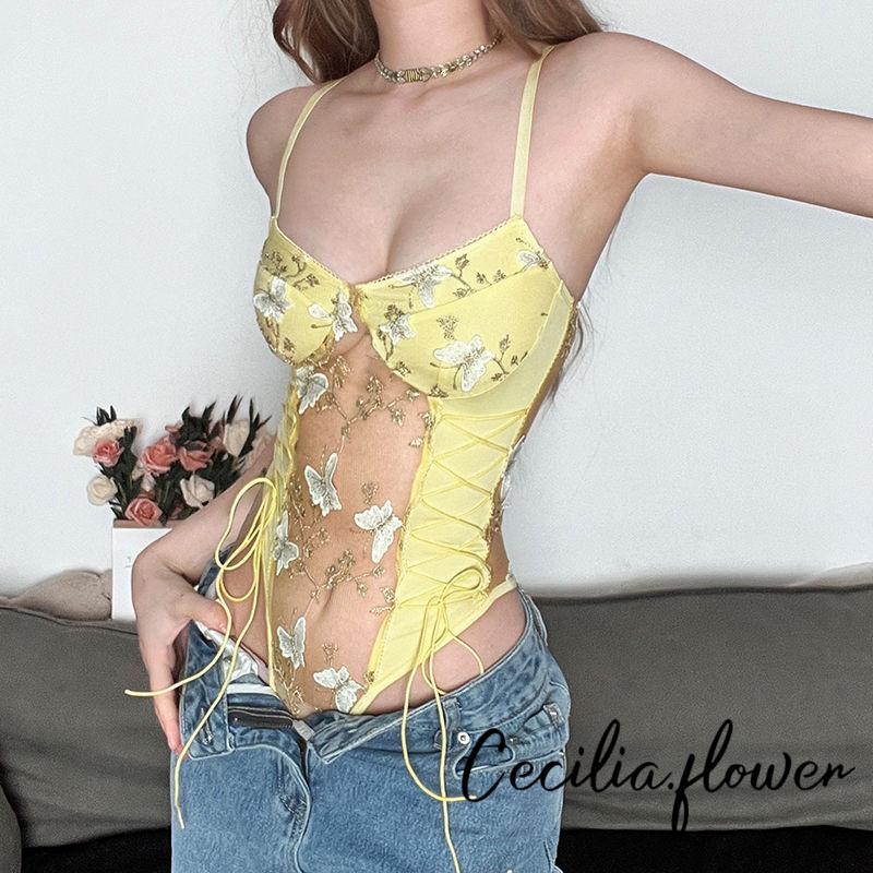 Bộ áo liền quần ren bướm nữ - Áo liền quần cổ chữ V xuyên thấu | Áo liền quần có dây đeo Spaghetti | Phong cách gợi cảm Hàn Quốc