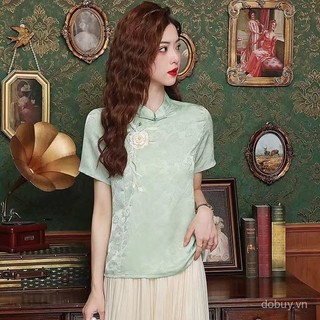 Mùa hè 2025 Hàng mới về Áo sơ mi ngắn tay cổ điển có cổ đứng phong cách Trung Quốc buộc nút và thiết kế thêu Jacquard