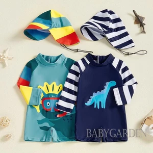 / / -0-4 Tuổi Đồ bơi bảo vệ phát ban cho bé trai có mũ Bộ đồ tắm dài tay sọc in hình khủng Long