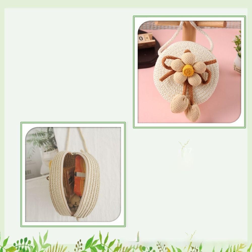 HOBBYIN Túi rơm HOBBYIN, Túi cói màu trơn hình hoa, Ví đựng tiền xu dệt thủ công thông thường cho trẻ em