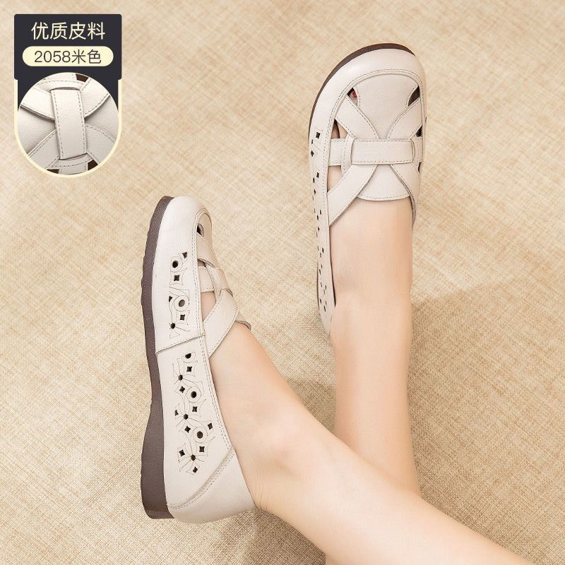 Bò Tendon Da Thật Chính Hãng Lỗ Đế Mềm Trung Niên Người Cao Tuổi Nữ Dép Rỗng Mẹ Mùa Hè Phẳng Thoải Mái Thoáng Khí 25.1.12