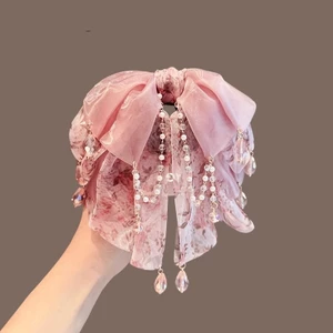 MAUROPOLI [Sẵn Sàng] Mặt Dây Chuyền Voan Màu Hồng Cổ Tích Nơ Hoa Đuôi Ngựa Kẹp Phong Cách Mới Cao Cấp Siêu Tính Khí Kẹp Tóc Tua Rua Tinh Tế