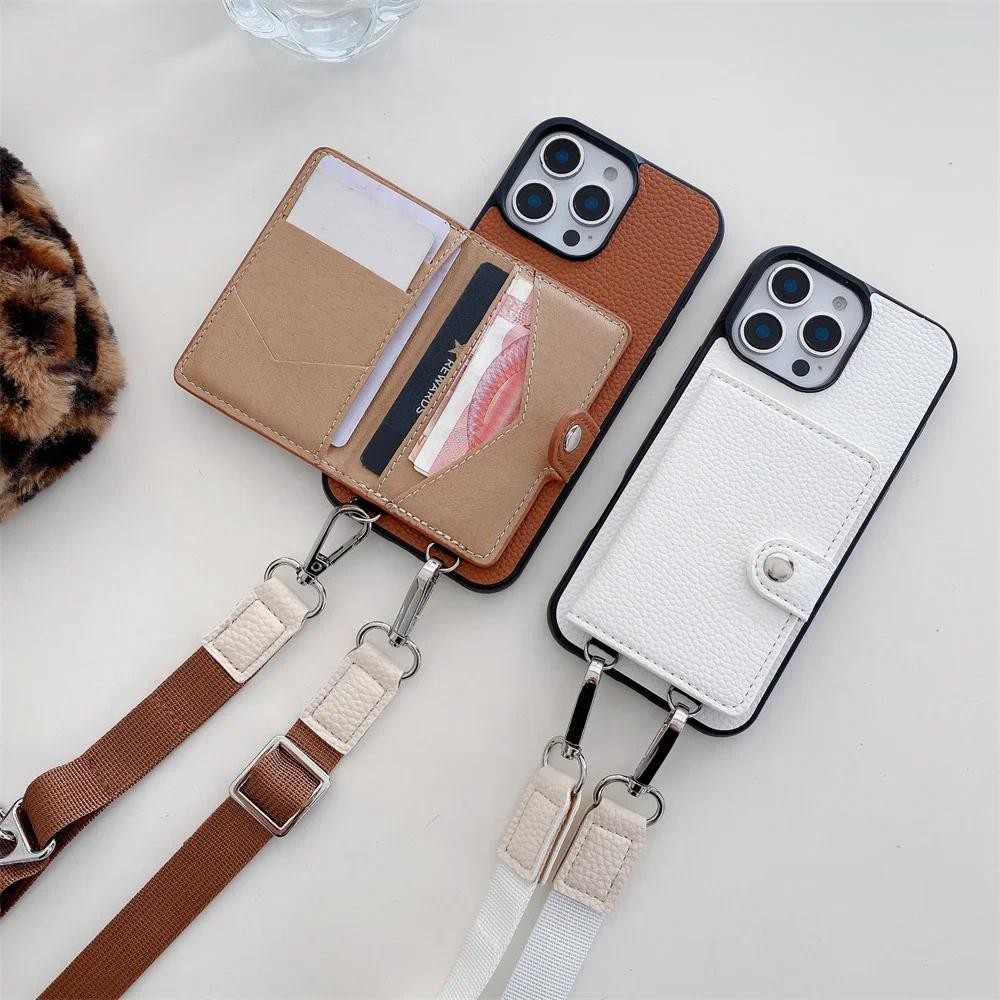 Ví Đeo Ngang Khe Cắm Thẻ Ví Đựng Tiền Xu Cho IPhone 16 15 Plus 14 13 12 11 7 8 Pro Max Da Dây Bảo Vệ Vỏ Điện Thoại