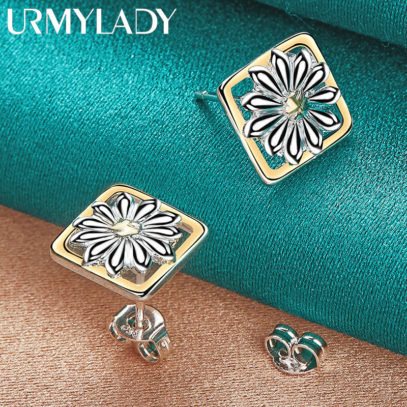 URMYLADY Bạc 925 Bông Tai Hoa Vuông Cho Nữ Tiệc Cưới Trang Sức Thời Trang