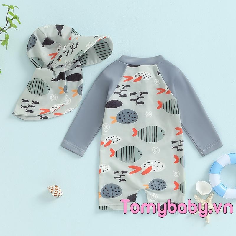 Bộ đồ bơi bé trai tập đi Họa tiết cá mập có khóa kéo dài tay Bộ đồ tắm cổ tròn có mũ