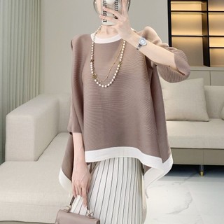 Miyake Áo Sơ Mi Xếp Ly Mùa Hè Cho Nữ, Phong Cách Mới, Size Lớn Cổ Tròn, Thun Tay Ngắn Rời