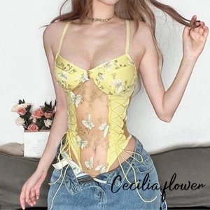 Bộ áo liền quần ren bướm nữ - Áo liền quần cổ chữ V xuyên thấu | Áo liền quần có dây đeo Spaghetti | Phong cách gợi cảm Hàn Quốc