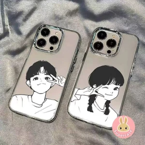 Ốp Điện Thoại Cặp Đôi Ins Style Cho iPhone 16E 16 Pro Max 15 14 Plus 13 12 Mini 11 Pro Max X XR XS Max 8 7 6 6s Plus SE2 SE3 Vỏ Phim Hoạt Hình Bé Trai Cô Gái Mặt Sau Chống Sốc
