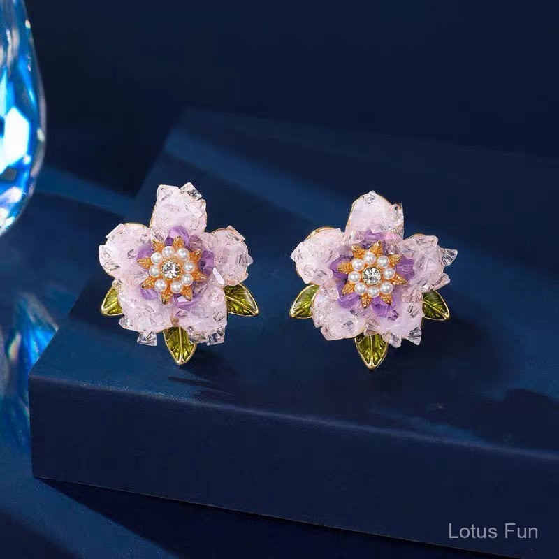 Pháp Vintage ánh sáng màu tím pha lê bông tai stud 925 bạc kim cho phụ nữ nhỏ thiết kế cá tính nhẹ sang trọng ngọt ngào tươi mát tinh tế hoa tai stud
