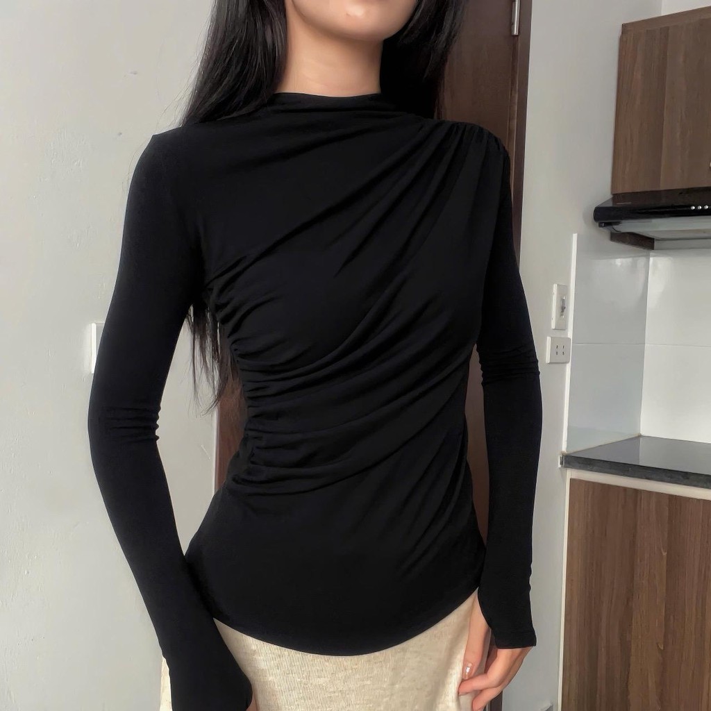 Áo Thun Nữ Tay Dài Cổ Tròn, Kiểu Rúm Eo Tôn Dáng, Chất Liệu Cotton Zip Cao Cấp, Co Giãn 4 Chiều, Mềm Mịn