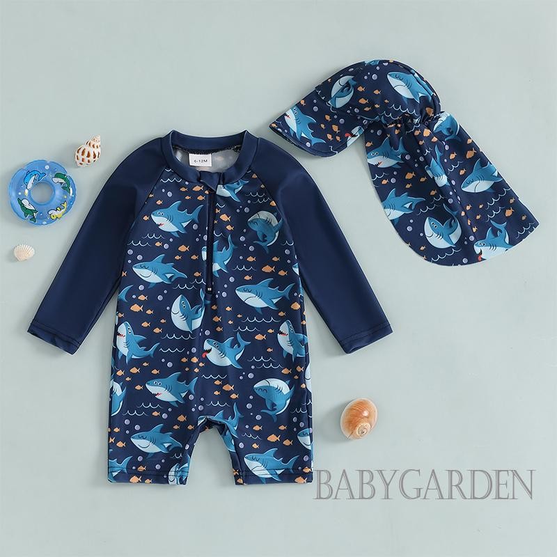 / / -6Month-4 Tuổi Đồ bơi bảo vệ phát ban cho bé trai có mũ Khủng Long / Cá mập Bộ đồ tắm có khóa kéo dài tay in hình cá mập