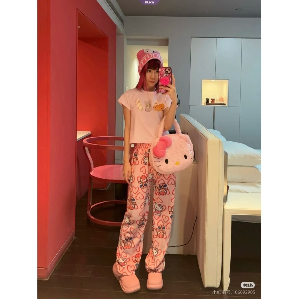 Hoạt Hình Người Nhện HelloKitty Flannel Pyjama Quần Thu Đông Quần Rời Dày Đệm Ấm Áp Quần Nhà [BL]