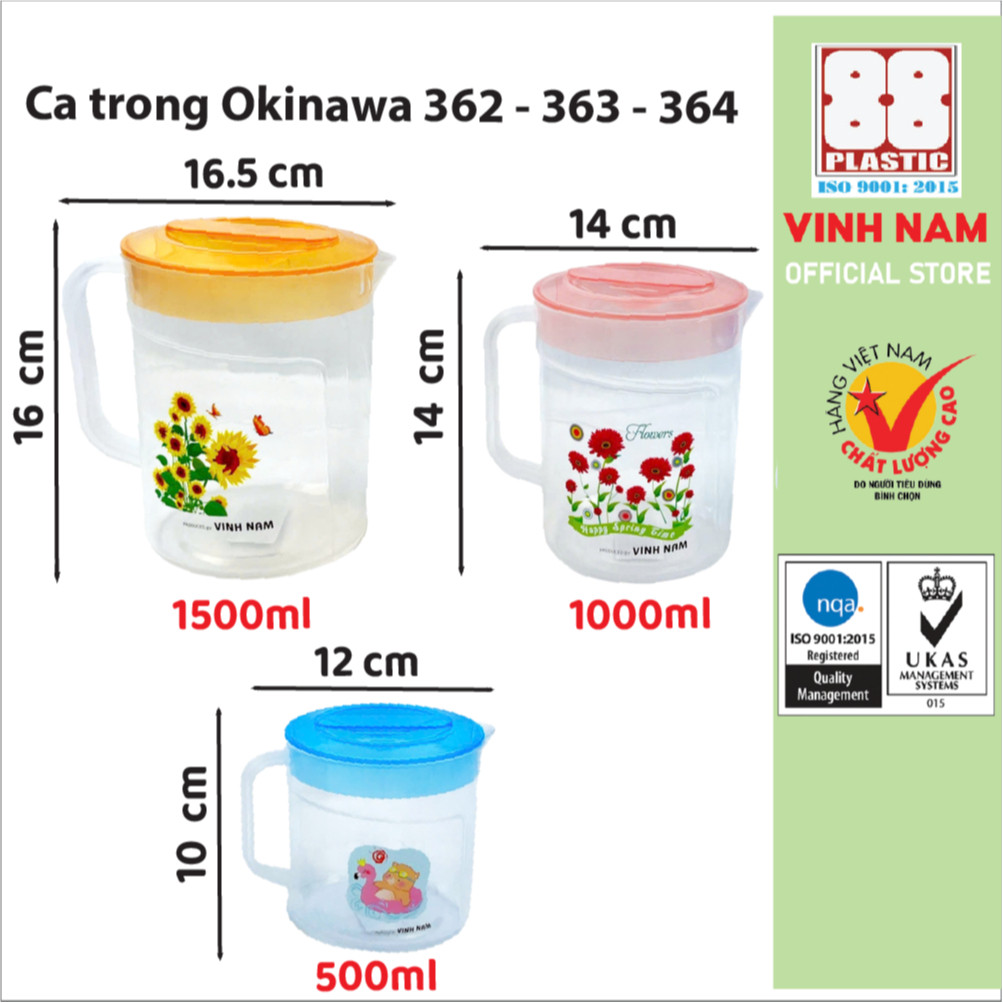 Ca Nhựa Trong Okinawa Có Nắp Vinh Nam Plastic Size 500ml 1000ml 1500ml Ca Nhựa Trong Mã 362-363-364
