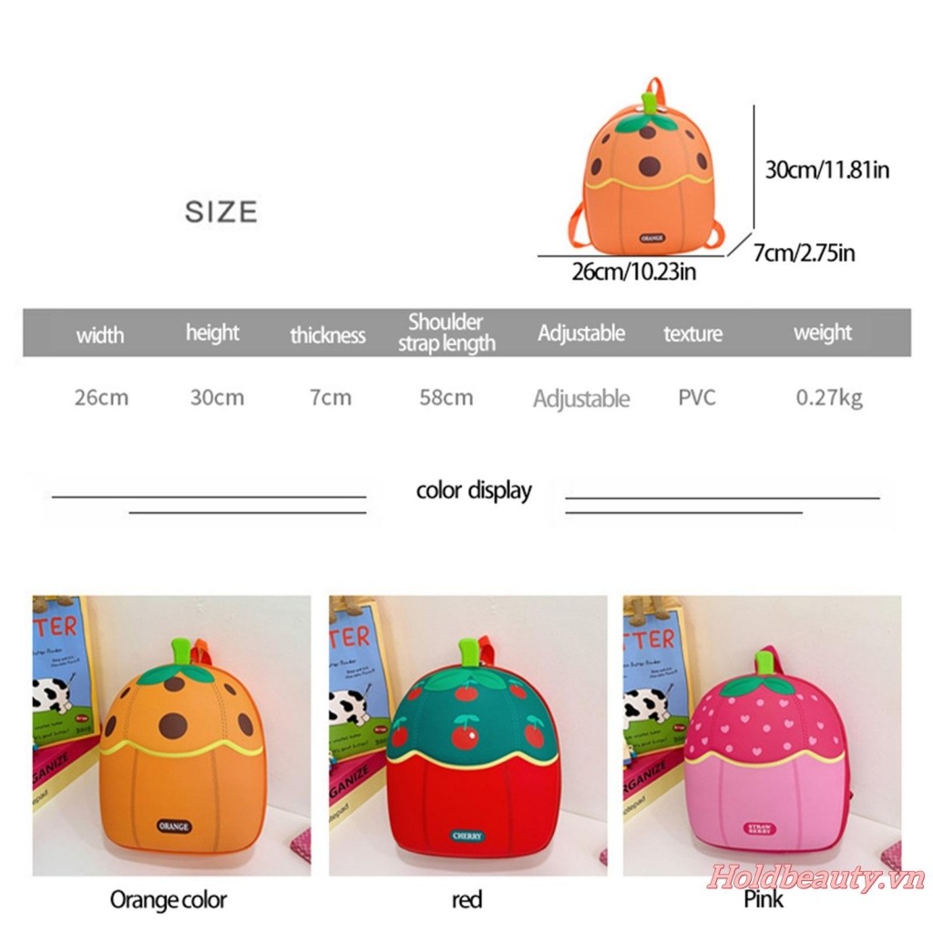 Ba lô trẻ em bé gái Trái cây dễ thương Công suất lớn Zip Đóng cửa Túi đi học thông thường hàng ngày
