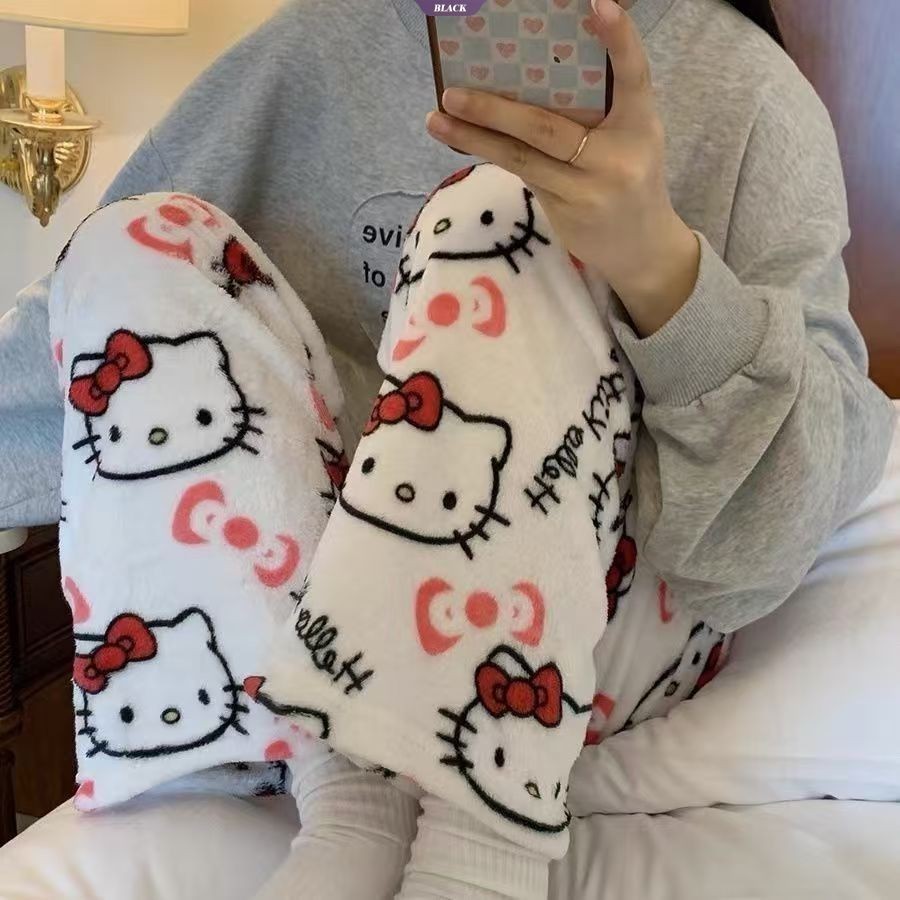 Quần ngủ Flannel HelloKitty thẳng Nữ phiên bản Hàn Quốc của phim hoạt hình Quần có đệm thoải mái tại nhà [BL]