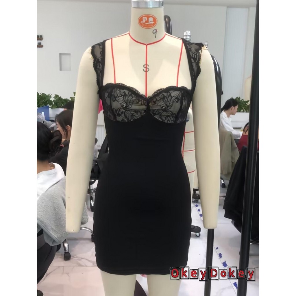 Okdk-nữ Ren Hoa Không Lưng Thắt Lưng Người Yêu Cổ Không Tay Ôm Vừa Vặn Chữ A Đầm Ngắn