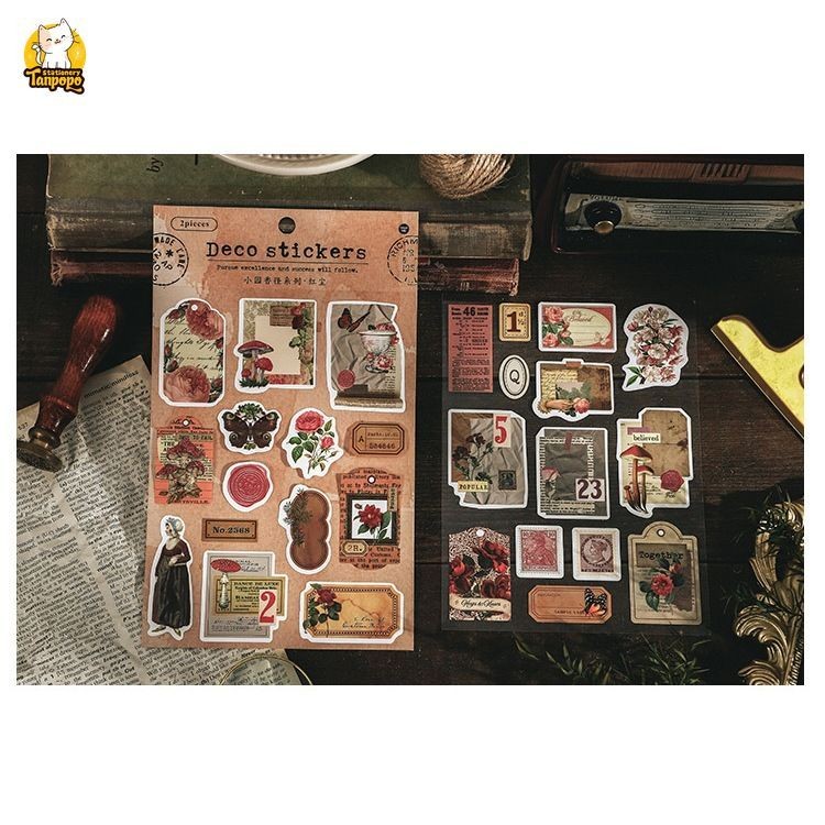 Set 2 tấm sticker ĐỒ VẬT TEM TAG HOA LÁ CỔ ĐIỂN VINTAGE RETRO HOÀI NIỆM ...