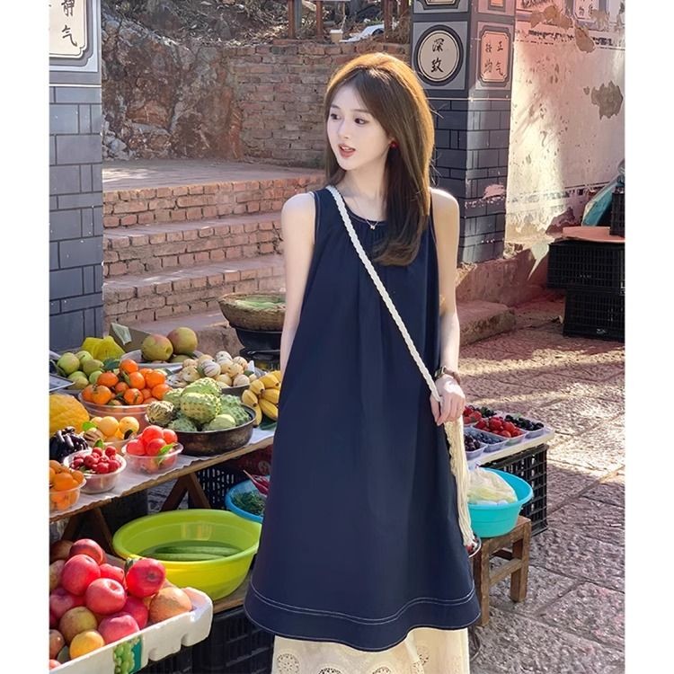 [YU]Váy vest mùa hè phong cách Hàn Quốc, kiểu giả hai mảnh, dáng dài không tay, phối màu cổ điển.