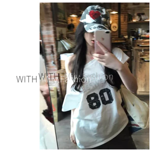 Milyfashion In Chữ Slanted Vai Áo Thun Nữ Mùa Hè Rời Tay Ngắn Hot Girl Off-Shoulder Top Quần Áo Nữ