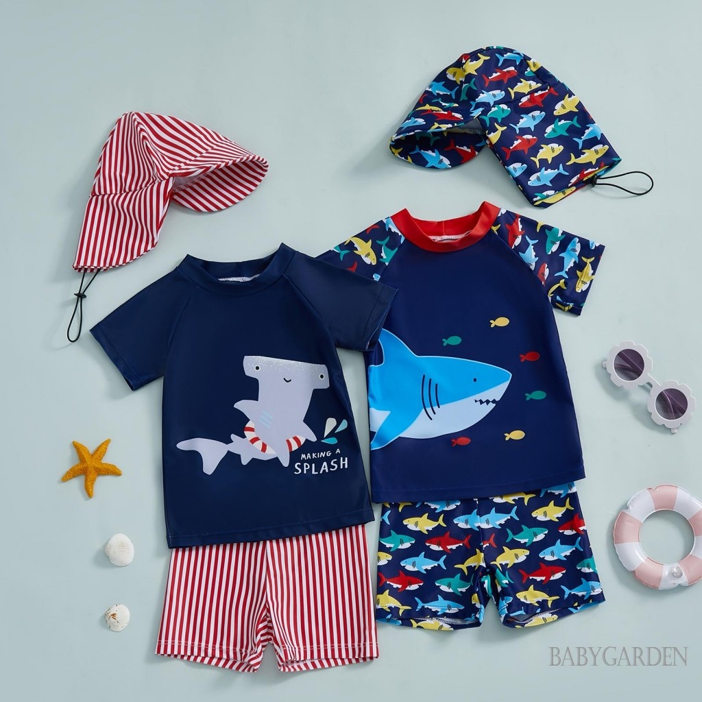 / / -0-4 Tuổi Bộ đồ bơi bé trai tập đi in hình cá mập Áo bảo vệ phát ban ngắn tay + Quần Short + Mũ chống nắng 3 chiếc Trang phục bộ đồ tắm