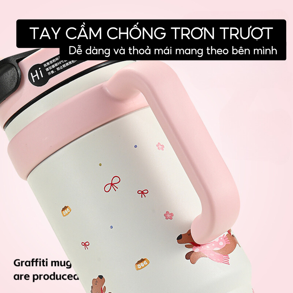 Ly giữ nhiệt BingBa 1000ml, chất liệu inox 316, có tay cầm, giữ nhiệt nóng lạnh 8-12h, kèm ống hút