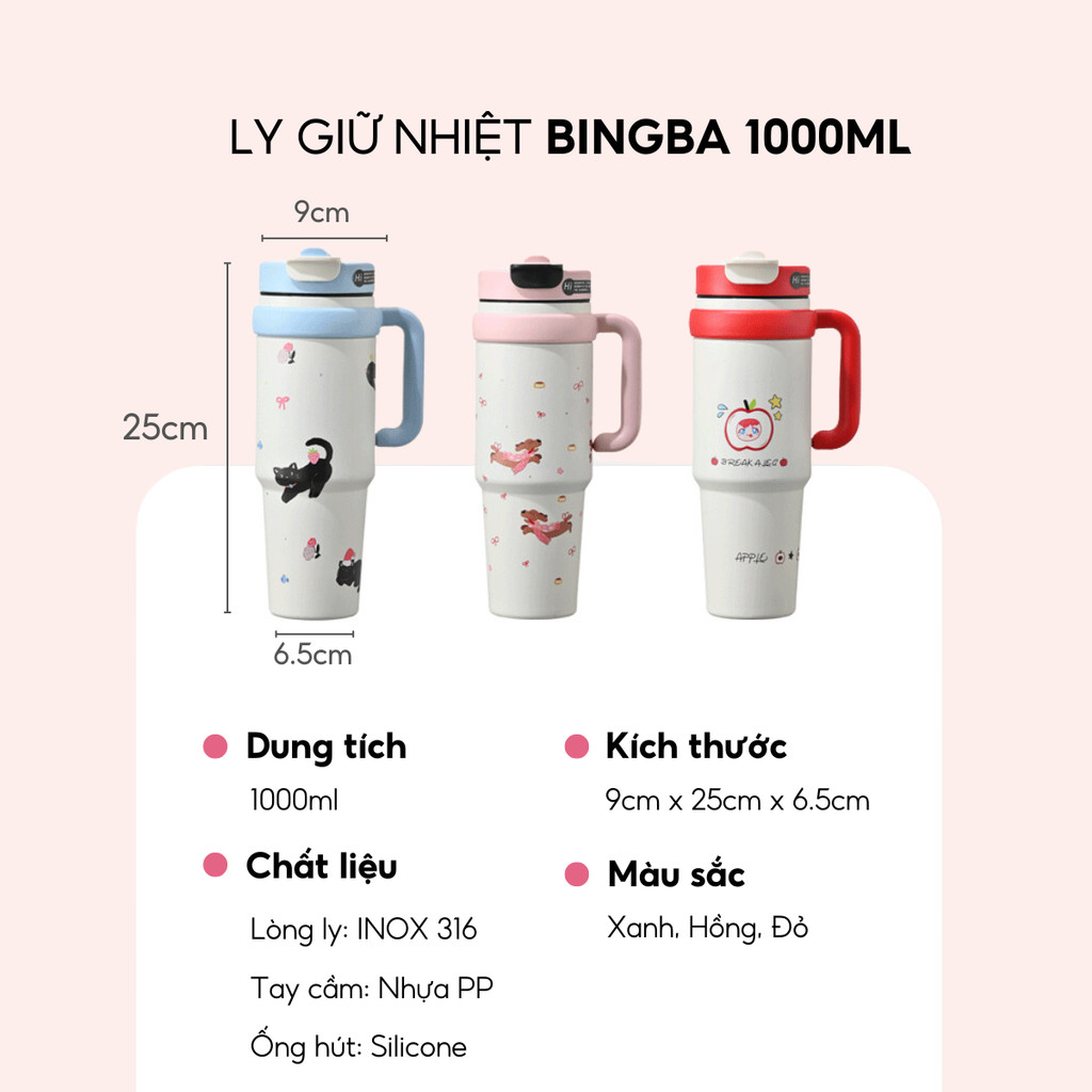 Ly giữ nhiệt BingBa 1000ml, chất liệu inox 316, có tay cầm, giữ nhiệt nóng lạnh 8-12h, kèm ống hút