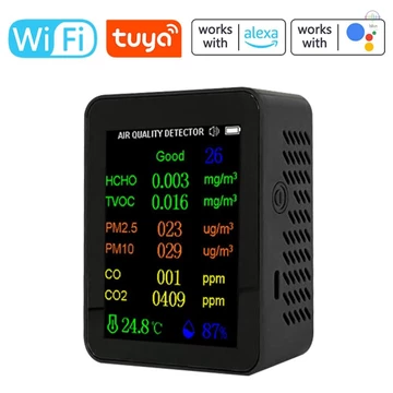 Hilivn) Máy đo chất lượng không khí di động 9in1 PM2.5 PM10 CO2 TVOC HCHO AQI Máy kiểm tra nhiệt độ và độ ẩm Màn hình màu Máy dò Carbon Dioxide với chức năng hiển thị thời gian và ngày