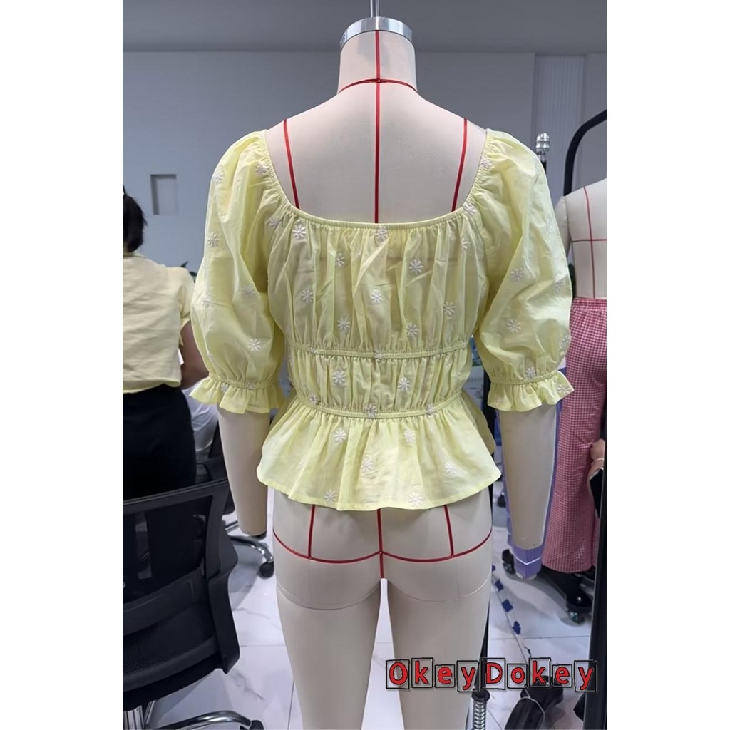 Okdk-áo Peplum mùa hè dành cho nữ Áo thun thêu hoa nửa tay cổ vuông Slim Fit