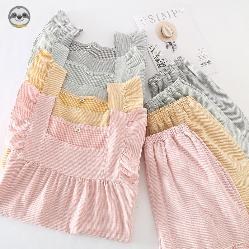 Phong cách Nhật Bản Muji Style / Nữ Cotton Nguyên Chất Gạc Hai Lớp Áo Vest Không Tay Quần Short Bộ Đồ Ngủ / Có Thể Mặc Bên Ngoài Phong Cách Mỏng Homewear Suit