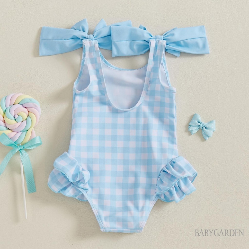 / / -6Month-4years Đồ Bơi Bé Gái Áo Liền Quần Kẻ Sọc Xù Hai Nơ Trang Trí Đồ Đi Biển Không Tay Bộ Đồ Tắm Đi Biển Mùa Hè