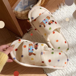 Dễ Thương Chó Con Vải Lanh Dép ins Màu Nhật Bản Chấm Bi Bốn Mùa Đa Năng Dép Đi Trong Nhà Dép Vải Lanh Cotton Tầng Dép Gia Đình Dép Cotton Phẳng Dép Ký Túc Xá Dép