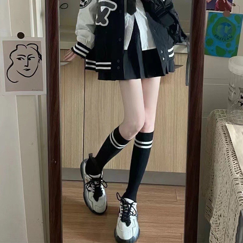 Tất nữ phong cách hàn quốc tất sọc qua đầu gối phong cách preppy nhật bản