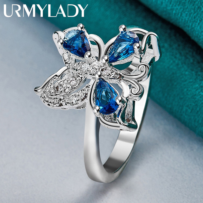URMYLADY Bạc 925 Bướm Xanh Zircon 7-10 # Nhẫn Nữ Trang Sức Quyến Rũ Thời Trang