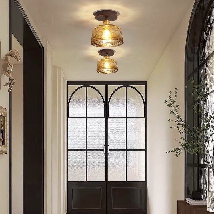 Đèn trần kính màu hổ phách cổ điển, Đèn chùm tròn Led, Thích hợp cho ban công, phòng khách, Đèn trang trí lối đi