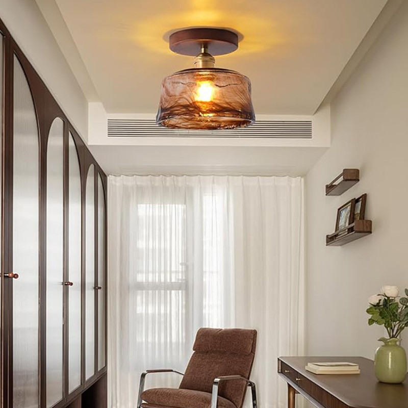 Đèn trần kính màu hổ phách cổ điển, Đèn chùm tròn Led, Thích hợp cho ban công, phòng khách, Đèn trang trí lối đi