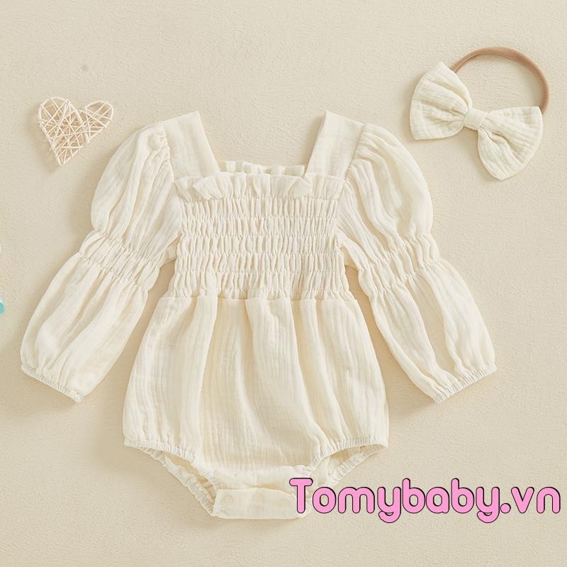 Bộ áo liền quần dài tay cổ vuông màu trơn cho bé gái + Băng đô