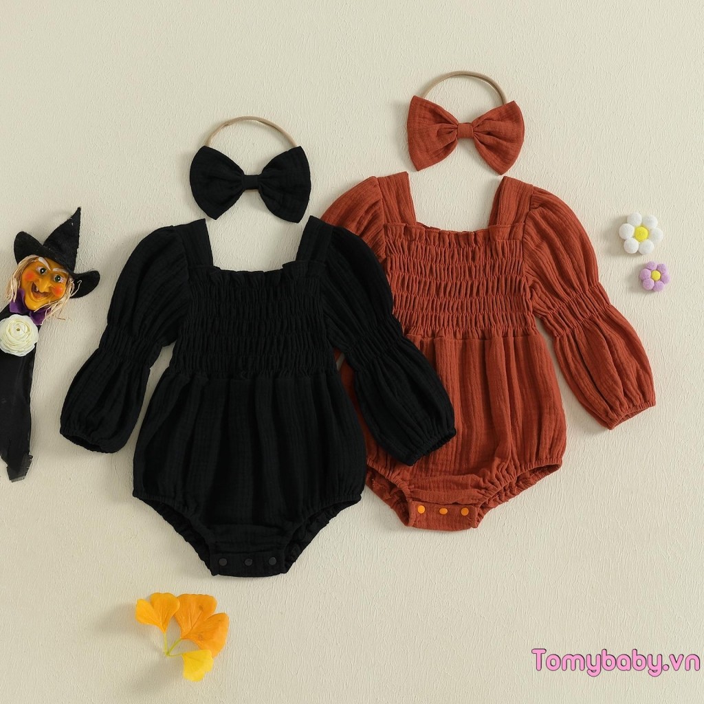 Bộ áo liền quần dài tay cổ vuông màu trơn cho bé gái + Băng đô
