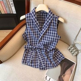 Áo sơ mi không tay phong cách Hàn Quốc, kẻ sọc ôm eo vintage