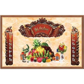 Tranh trang trí phòng thờ độc đáo, tranh liễng thờ, câu đối, mâm ngũ quả, tranh phật dán phía sau bàn thờ