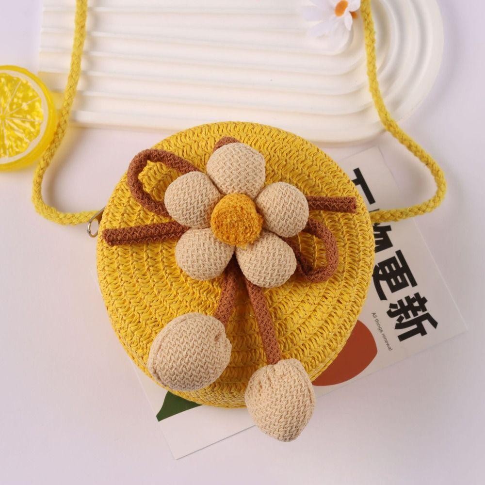 HOBBYIN Túi rơm HOBBYIN, Túi cói màu trơn hình hoa, Ví đựng tiền xu dệt thủ công thông thường cho trẻ em